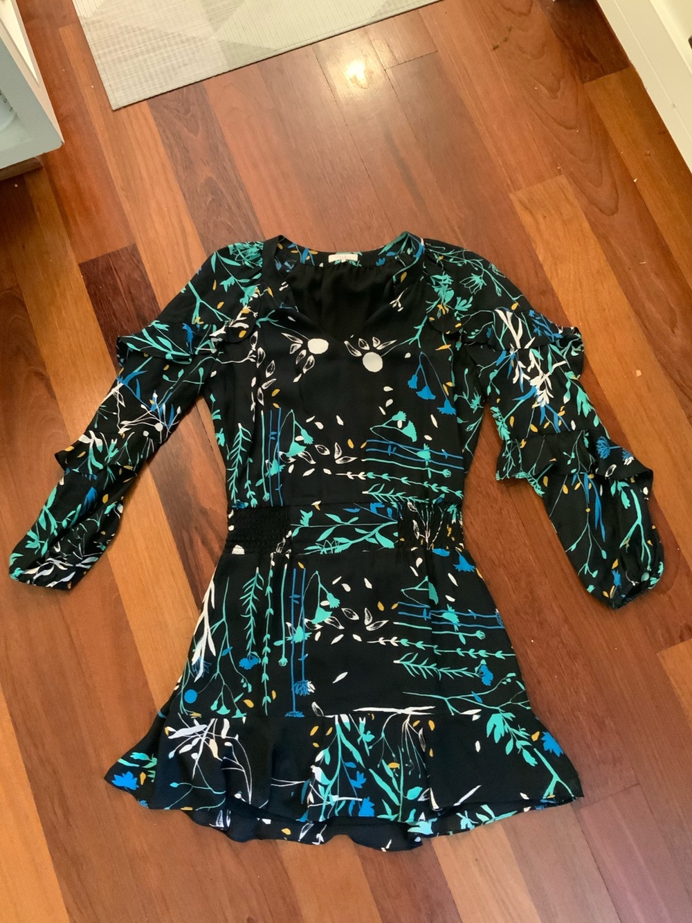 Parker Black Floral Long-Sleeve Ruffle Hem Dress